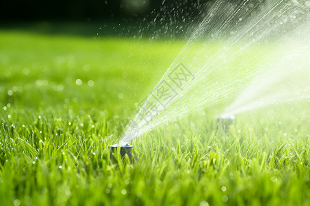 灌溉成长草坪上的洒水器在阳光下洒水的美景背景