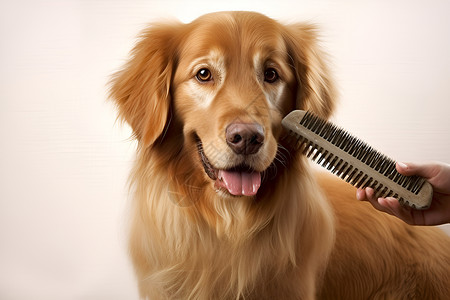 手持梳子给狗整理毛发的人高清图片