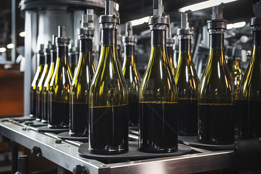 工厂生产线上一排葡萄酒瓶图片
