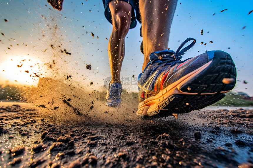 运动员在泥泞道路上奔跑图片