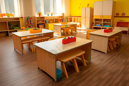 幼儿园教室里的桌椅背景图片