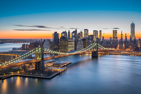 纽约日落下的城市天际线高清图片