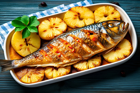 餐桌上的煎烤鱼与水果背景图片