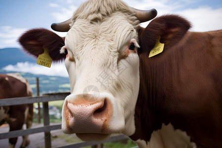 牧场上一头牛凝视着远方背景图片