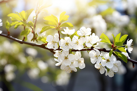 手绘白花绿叶树枝上的白花绿叶背景