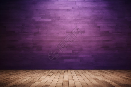 紫色砖墙下的木地板背景图片