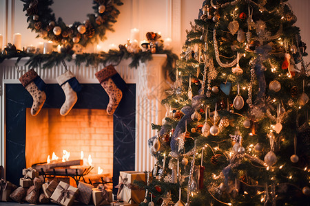 室内华丽的圣诞树装饰背景图片