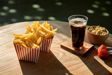 桌面上健康的薯条和可乐背景图片