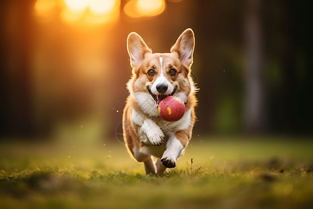 狗跑步叼着玩具的可爱小狗背景