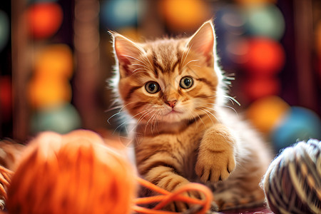 可爱线线球中的宠物小猫背景