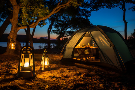 露营的帐篷湖畔夜色高清图片