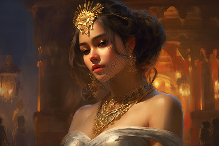 古典美女戴着黄金饰品背景图片