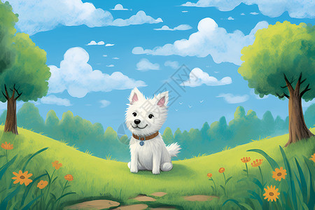 草地上的小白狗背景图片