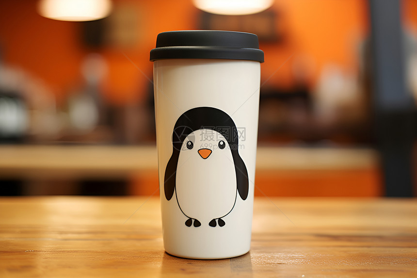 小企鹅贴纸的咖啡杯图片