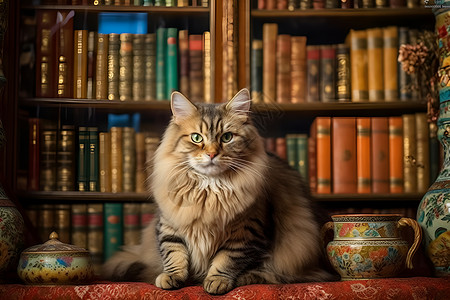 书架前坐着一只猫高清图片