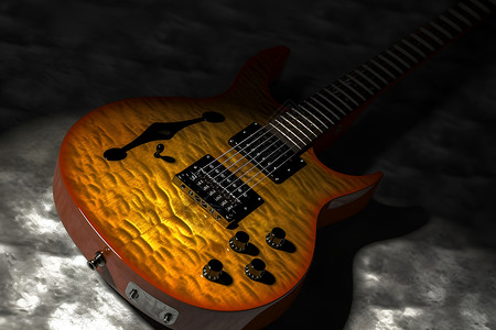 一把黄色吉他在黑暗空间内背景图片