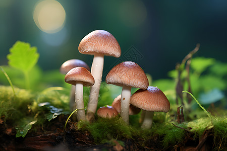 绿叶边生长的蘑菇高清图片