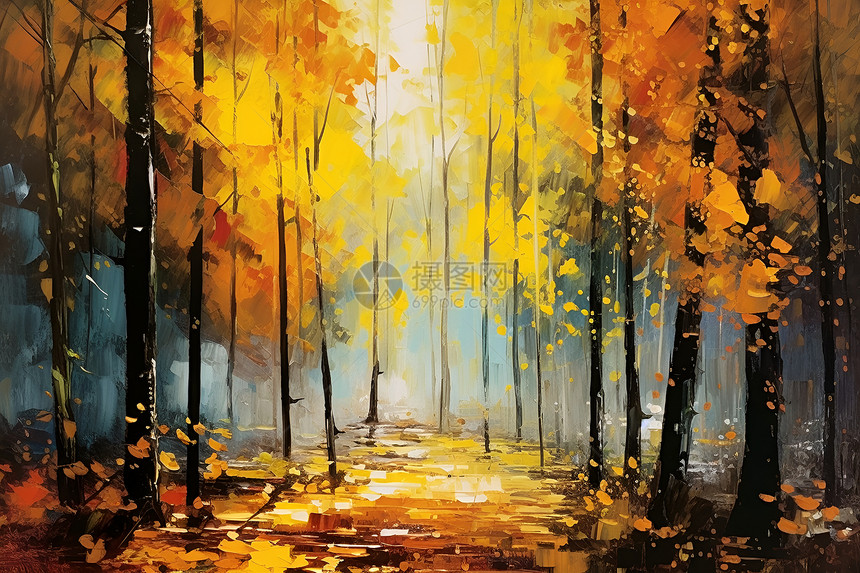 秋日的油画风景图片