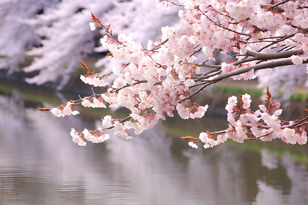 粉色花树与河流高清图片