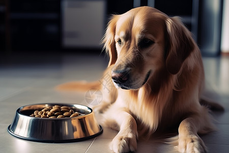 一只金毛犬在地上的食盆旁高清图片