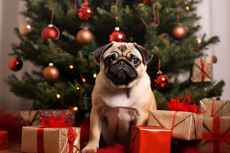 圣诞树下坐着的狗狗背景图片