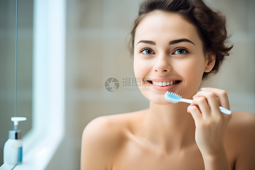 卫生间刷牙的女人图片