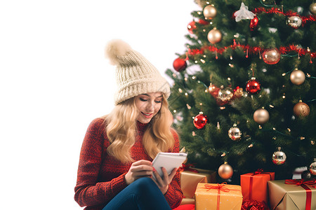 圣诞树下快乐的女孩背景图片