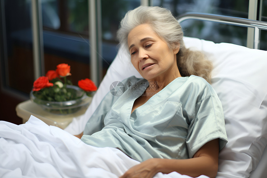 一位妇女躺在医院床上图片