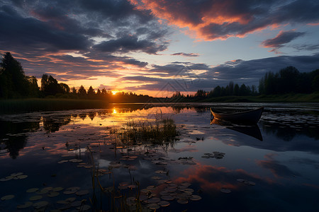 夏日黄昏的湖畔高清图片
