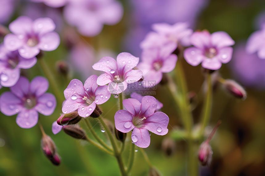 绚丽水珠中的紫色花朵图片