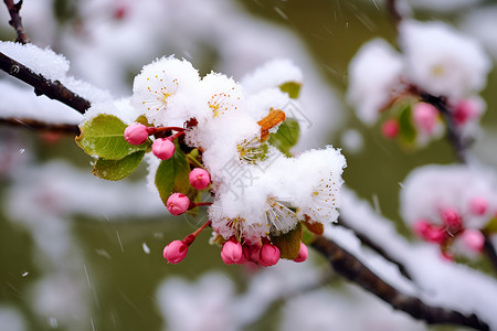 漂浮雪花花瓣冬日雪花下的粉色花朵背景