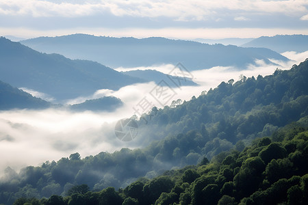雾气缥缈中的山脉景观背景图片