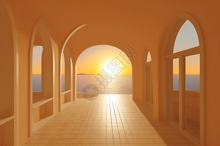 夕阳下的海景日落下的拱形窗户设计图片