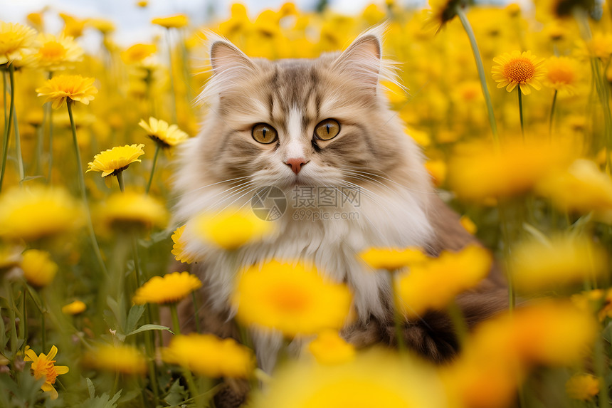 黄花丛中的小猫图片