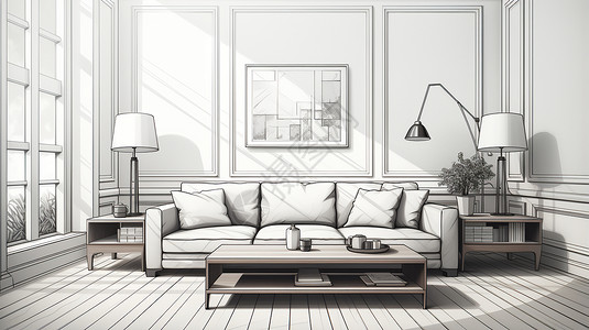 地板线条现代风格的客厅插画
