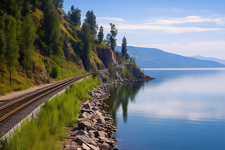 湖畔铁路壮丽的自然风光背景图片