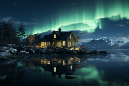 极光下的房屋背景图片