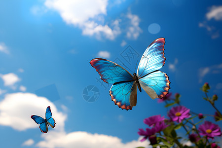 天空中一只蓝色蝴蝶飞舞背景