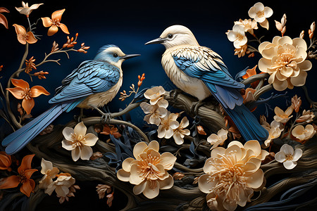 林中鸟刺绣艺术背景图片