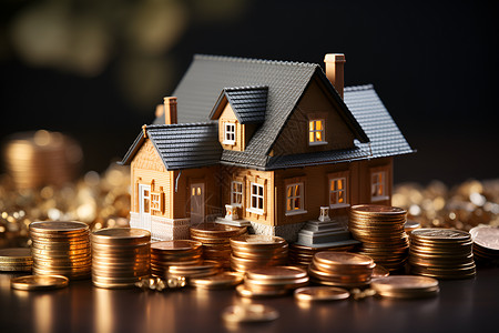 金币围绕的房屋模型背景图片