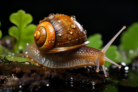 爬行蜗牛淋湿的蜗牛背景