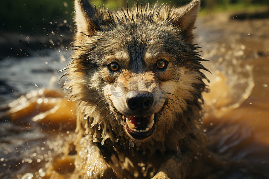 阳光下玩水的狼图片