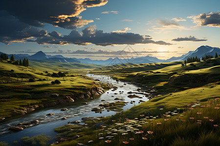 草原河流中的石子背景图片