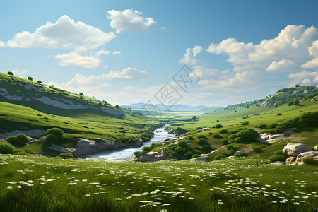 静谧的绿色草原与河谷背景图片