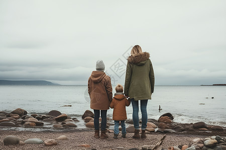 海岸边玩耍的家人背景图片