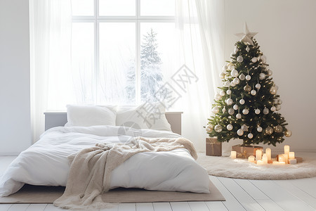 卧室内的床和圣诞树背景图片