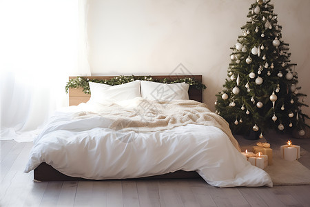 卧室内的大床和圣诞树背景图片