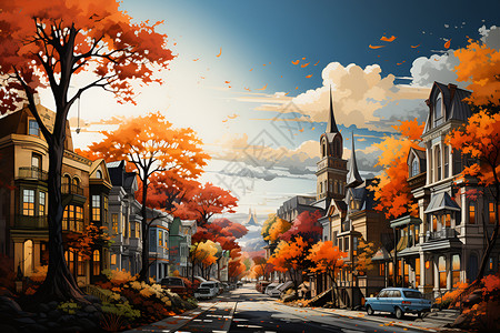 秋季的城市街道背景图片