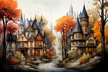 秋季的城市建筑背景图片