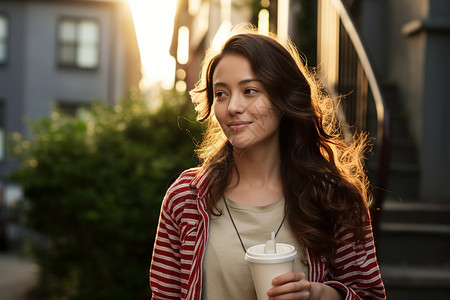 街道上拿着咖啡的女孩背景图片